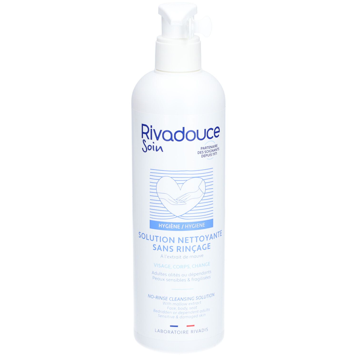Flacon blanc avec pompe doseuse. Inscription: Rivadouce Soin, solution nettoyante sans rinçage. Logo: cœur avec mains.