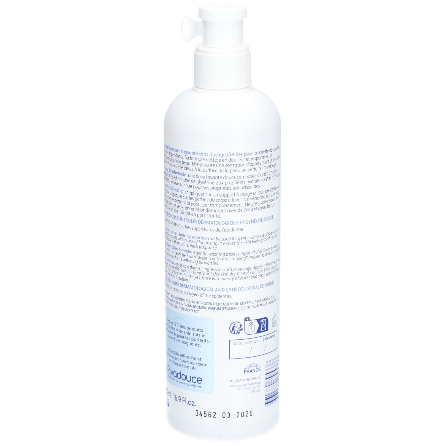 Flacon blanc avec pompe doseuse. Texte au dos. Nom du produit non visible. Fabriqué en France.