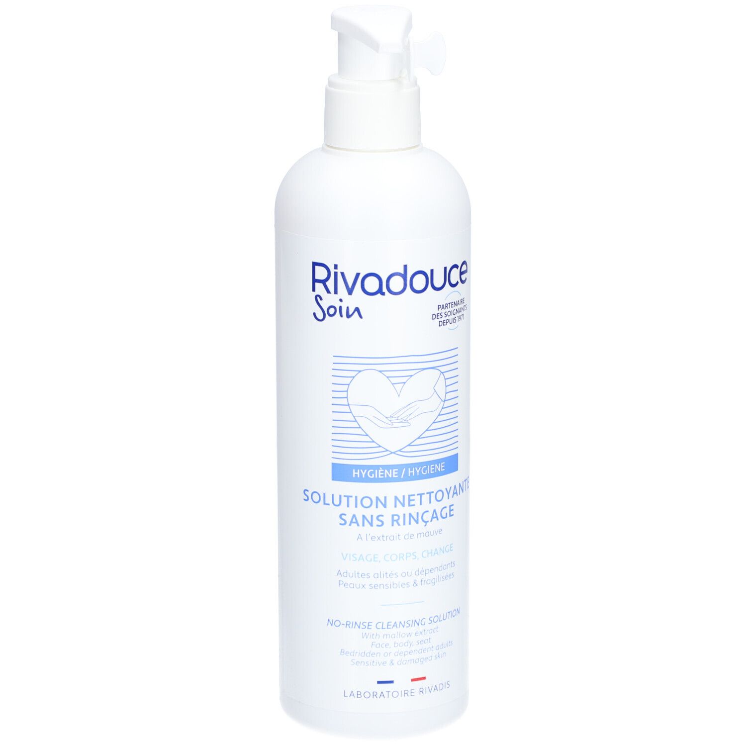 Flacon blanc avec pompe doseuse. Inscription: Rivadouce Soin, solution nettoyante sans rinçage. Logo: cœur avec mains.