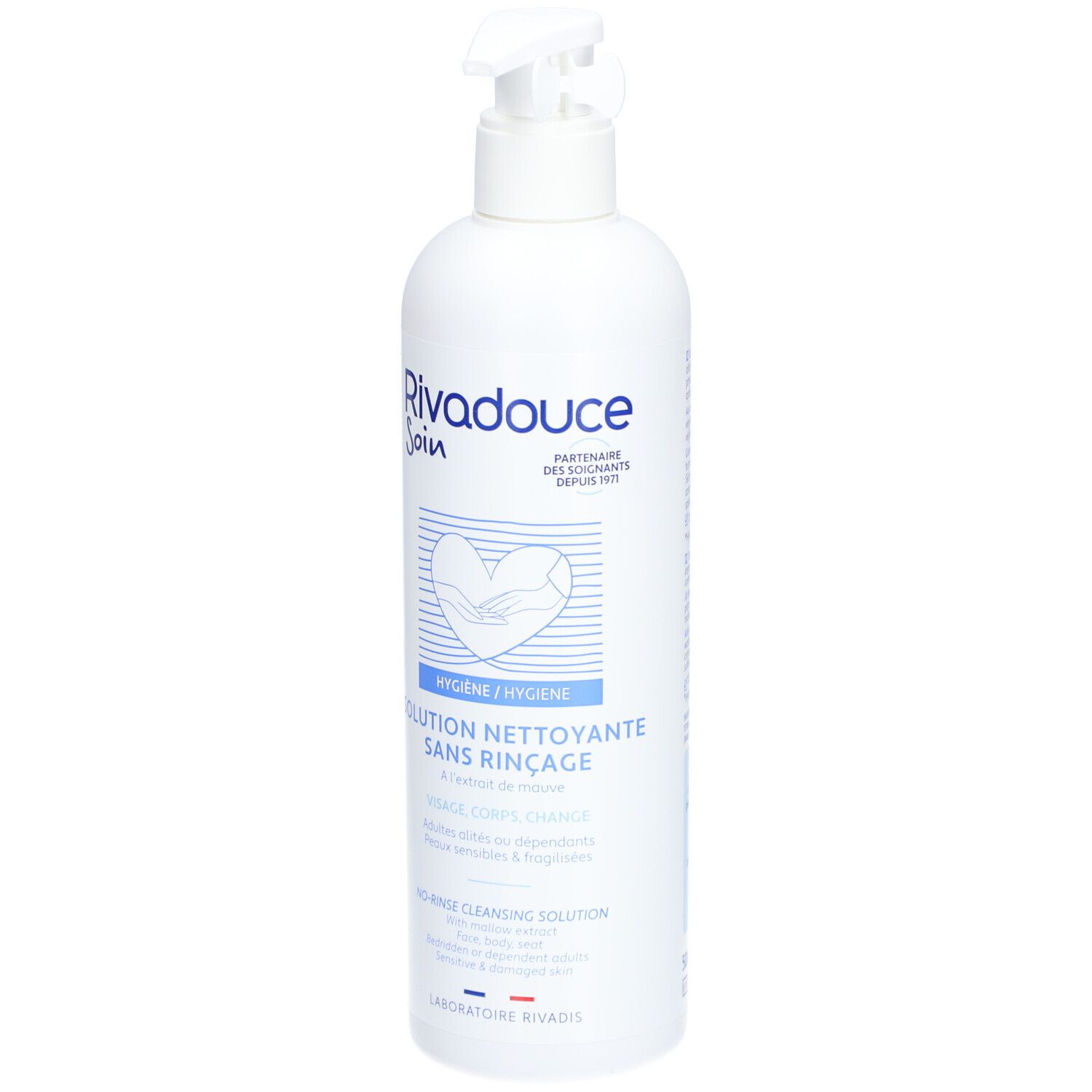 Flacon blanc avec pompe doseuse. Inscription: Rivadouce Soin, solution nettoyante sans rinçage. Logo: cœur avec mains.