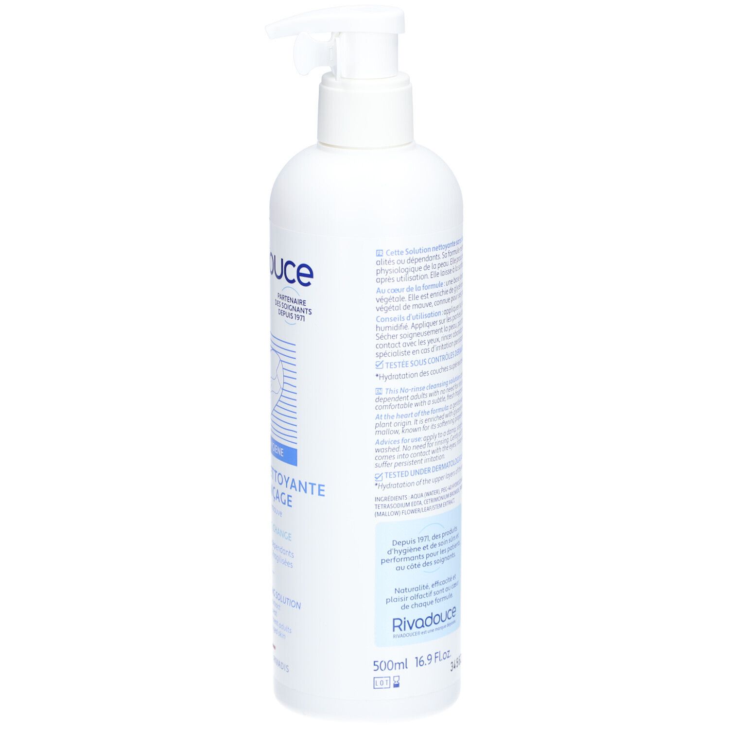 Flacon blanc avec pompe doseuse. Inscription: Rivadouce, 500ml. Texte au dos. Fabriqué en France.
