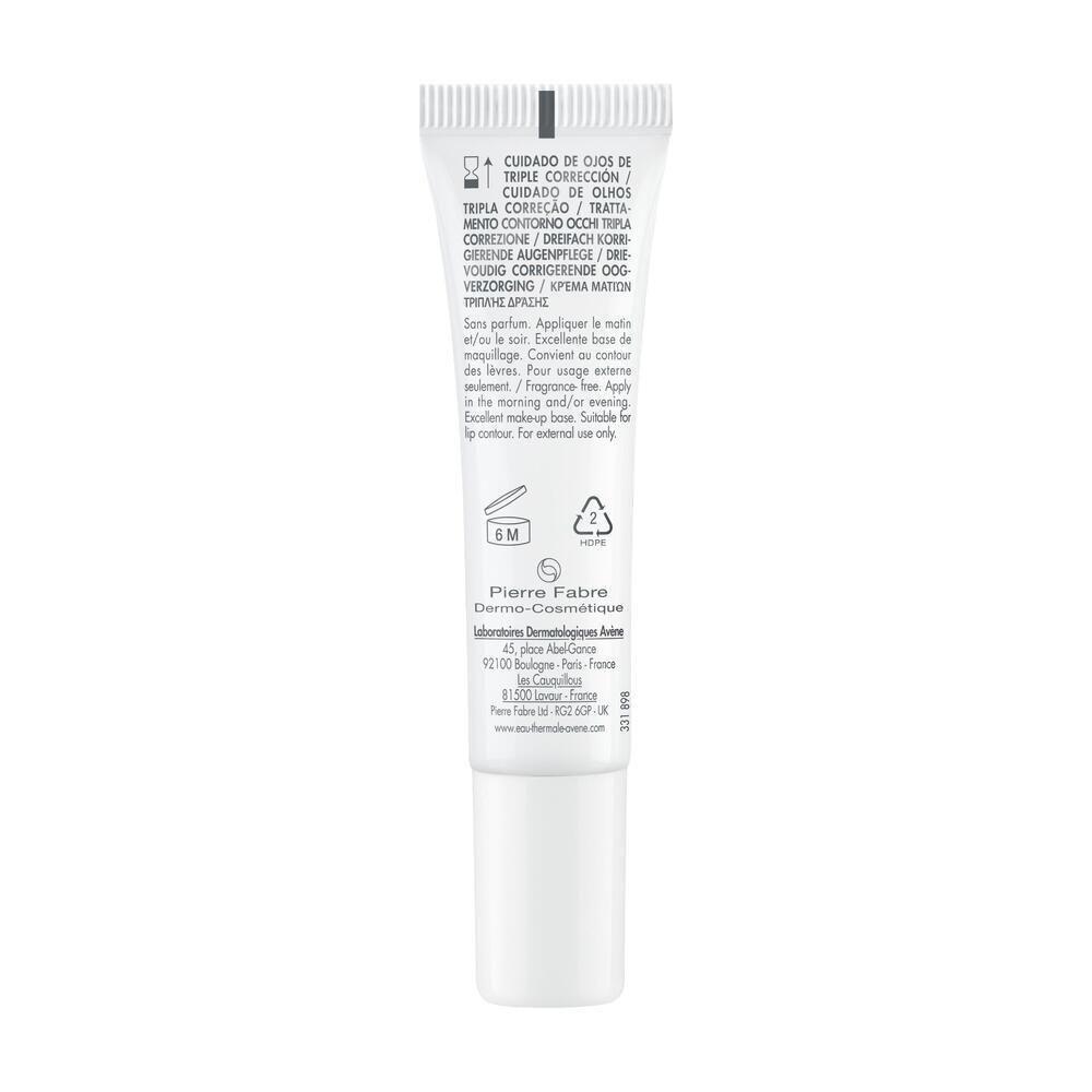 Achterkant van de Avene Hyaluron Activ B3 tube. Meertalige tekst. 15ml. Voor de ogen.