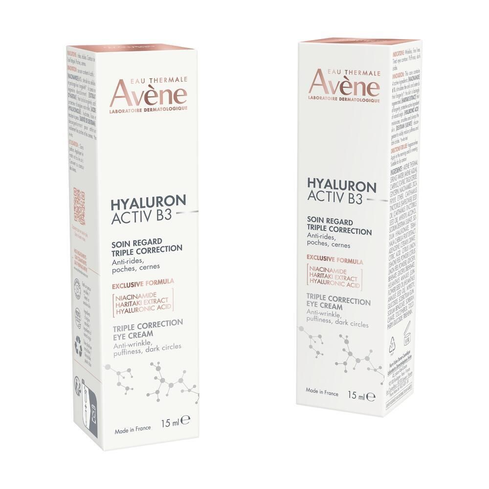 Twee dozen Avene Hyaluron Activ B3. Triple correction eye cream. 15ml. Vooraanzicht.