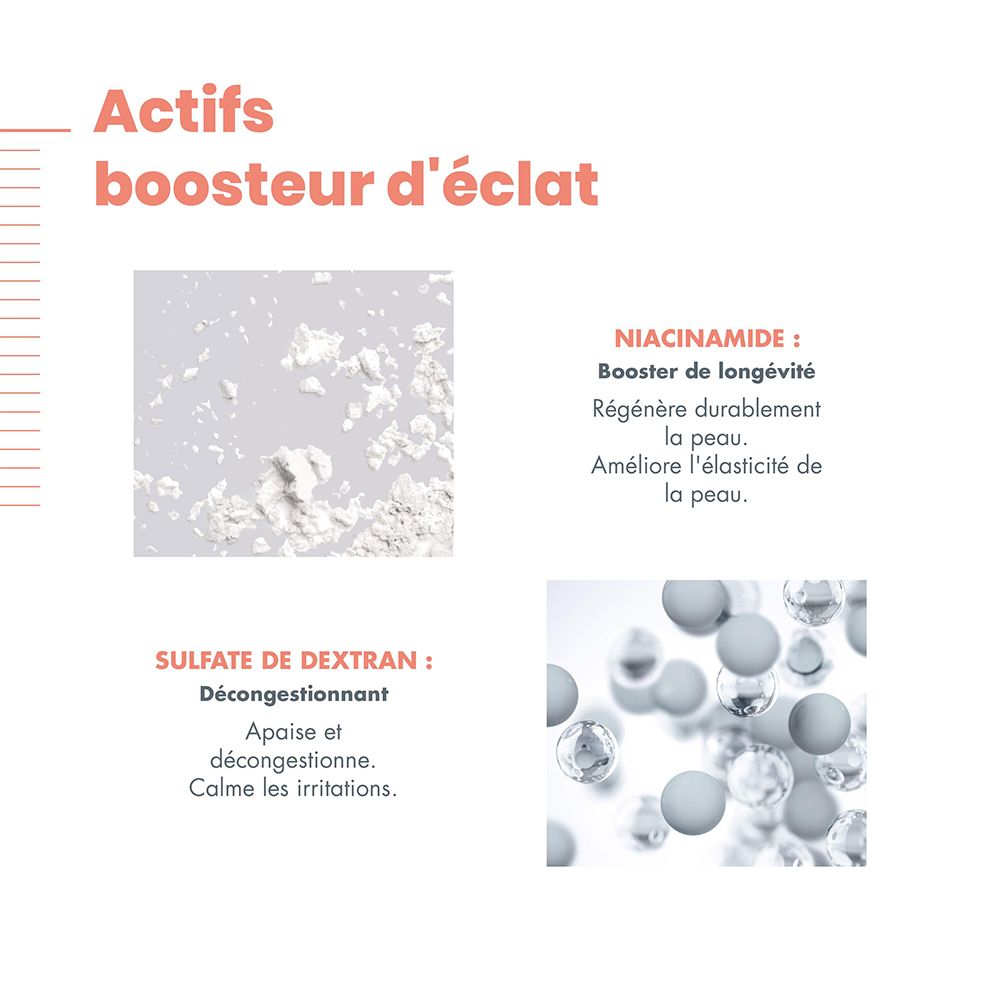 Infographic met ingrediënten. Niacinamide en dextransulfaat. Franse tekst.
