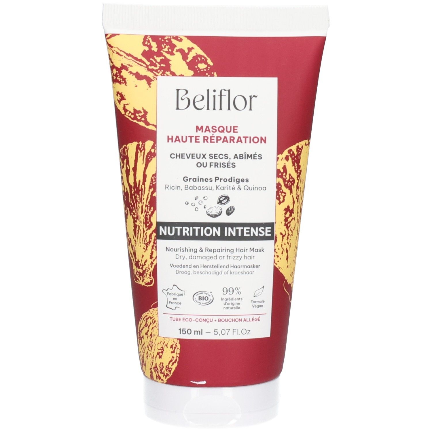 Masque haute réparation Beliflor pour cheveux secs, abîmés ou frisés, 150 ml.