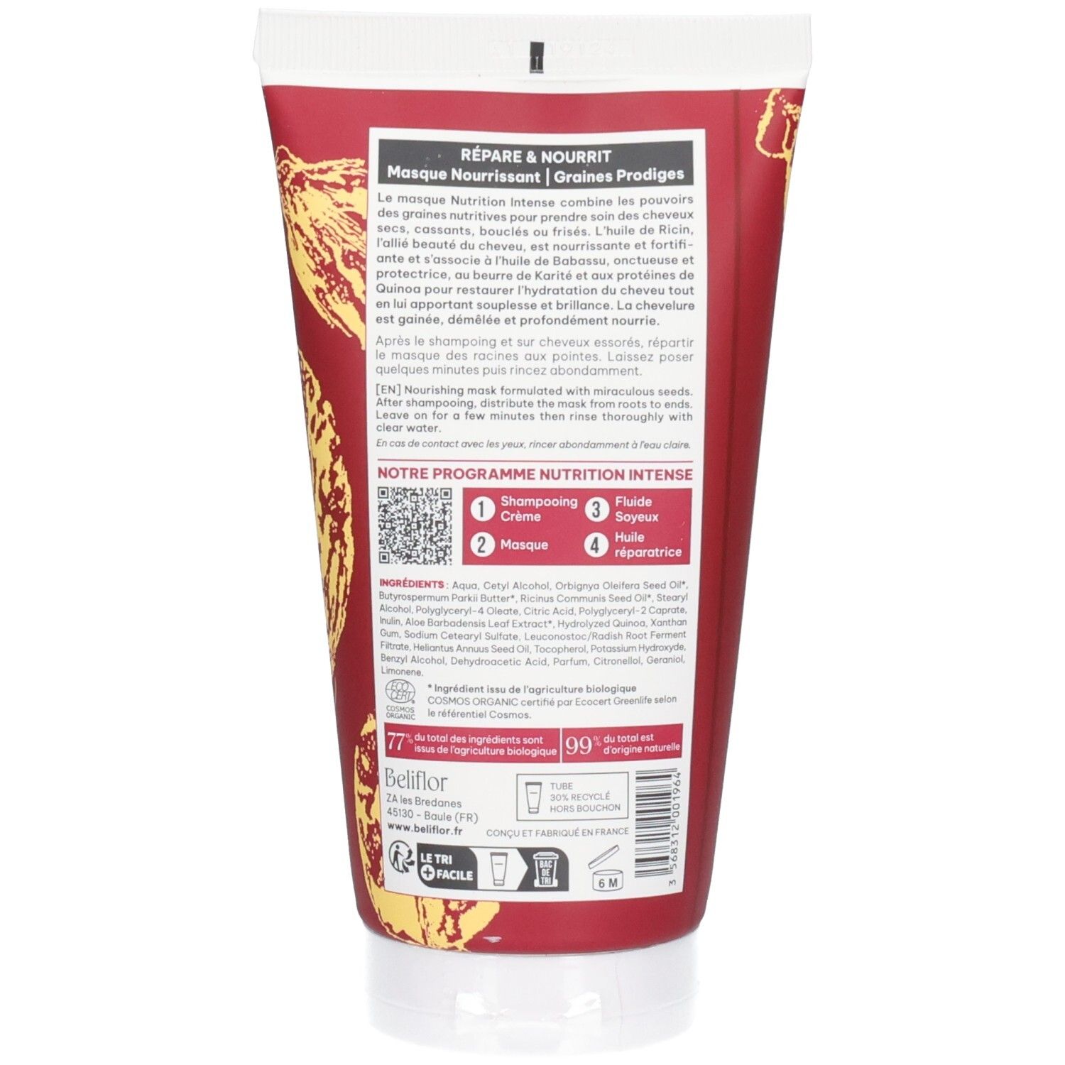 Tube rouge avec informations sur les soins capillaires, ingrédients et instructions. Marque : Bellfor.