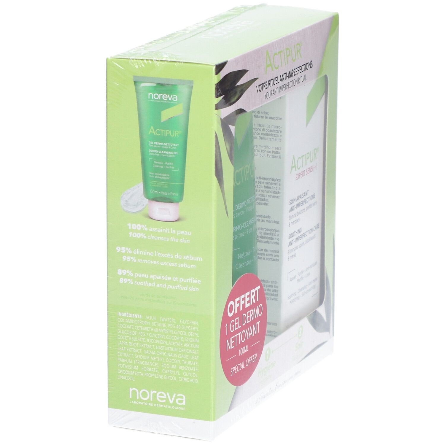 Emballage ACTIPUR avec gel visible. Texte : "Votre rituel anti-imperfections". Inscription : "Offert 1 Gel Dermo Nettoyant".