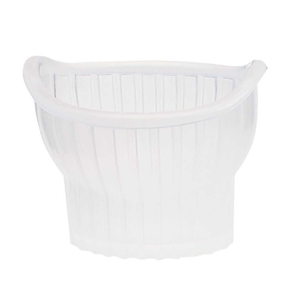 Gobelet oculaire transparent. Forme adaptée à l'œil. Côtés cannelés. Fond blanc.