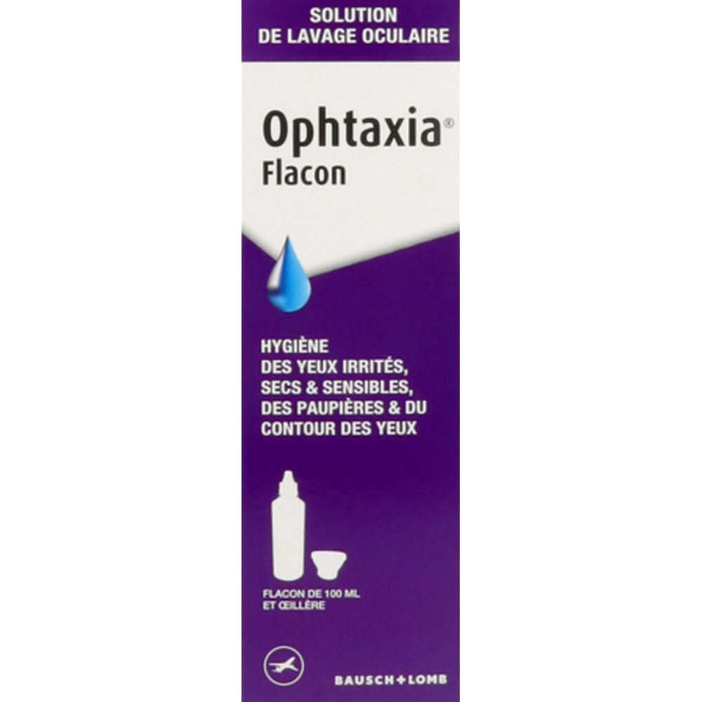 Boîte Ophthaxia Flacon. Design violet et blanc. Symbole flacon et gobelet. Logo Bausch+Lomb.