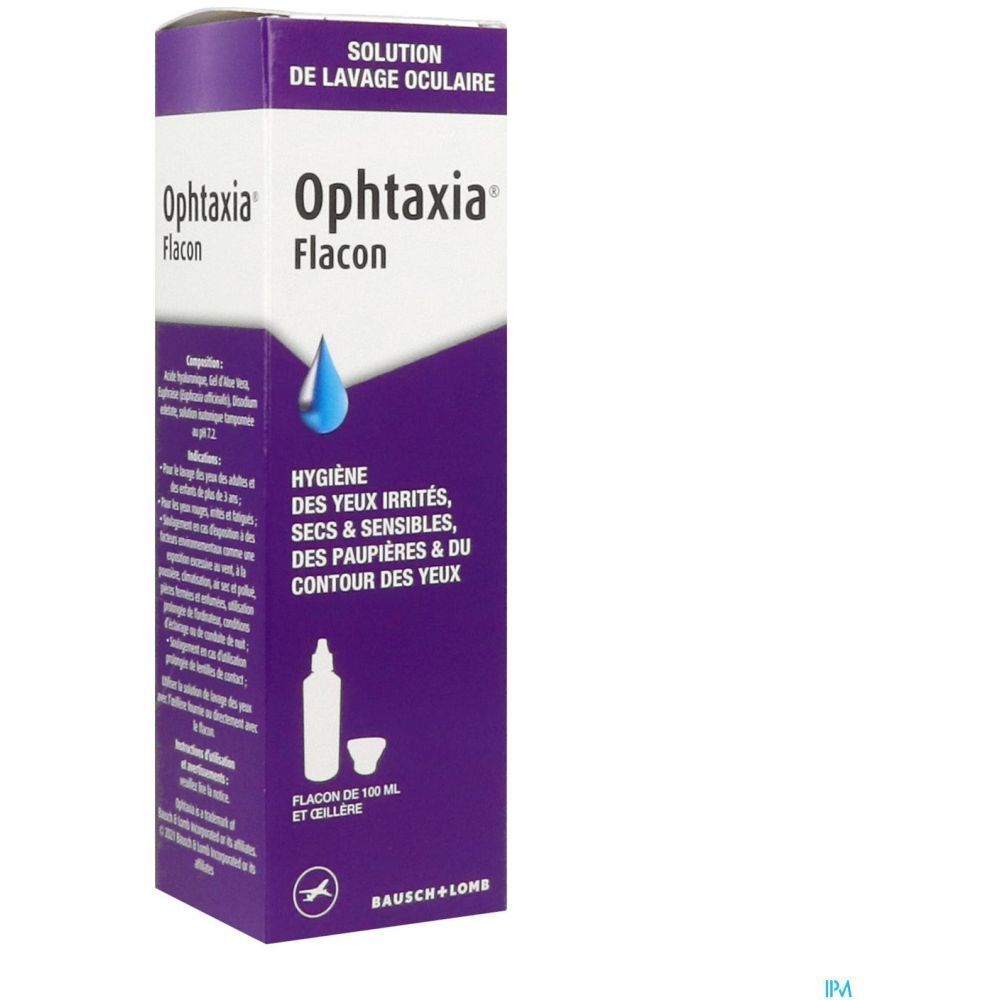 Boîte Ophthaxia Flacon. Design violet et blanc. Symbole flacon et gobelet. Logo Bausch+Lomb.
