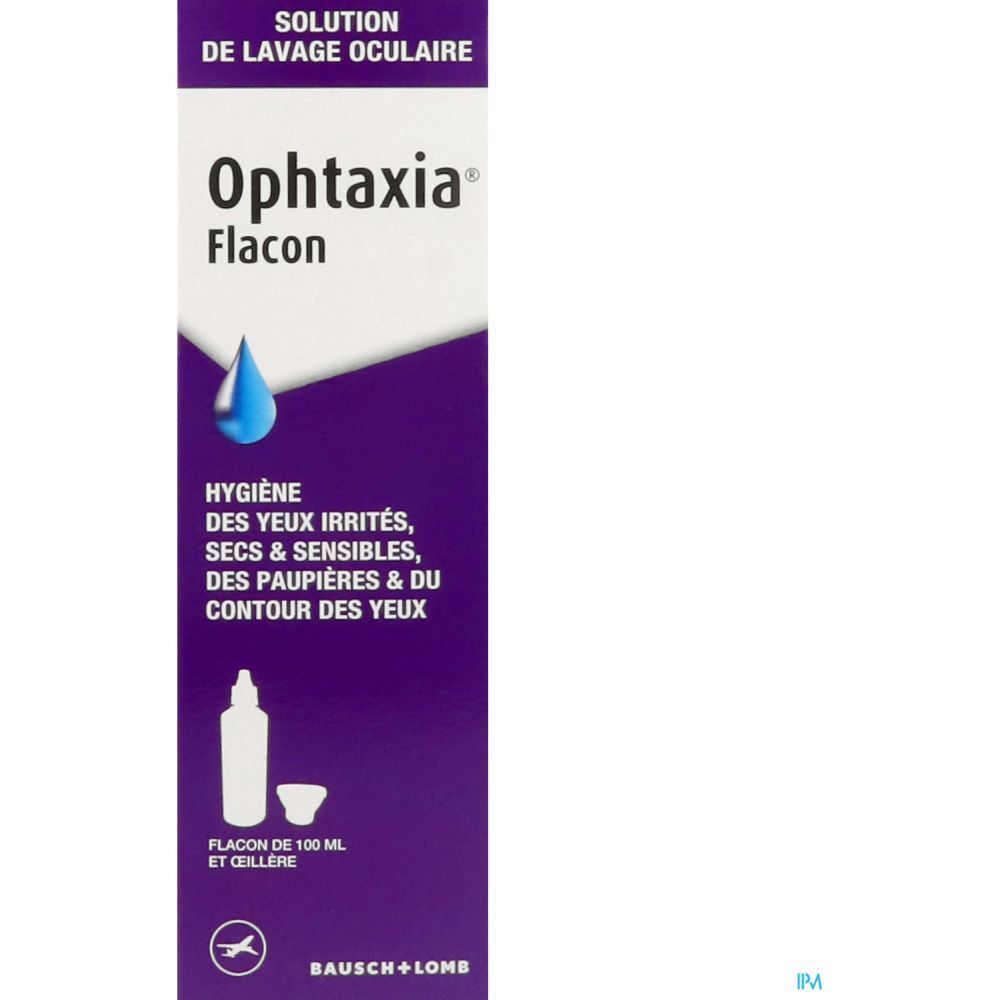 Boîte Ophthaxia Flacon. Design violet et blanc. Symbole flacon et gobelet. Logo Bausch+Lomb.