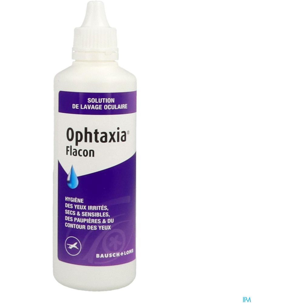 Flacon blanc avec étiquette Ophthaxia. Design violet et blanc. Bouchon compte-gouttes. Logo Bausch+Lomb.