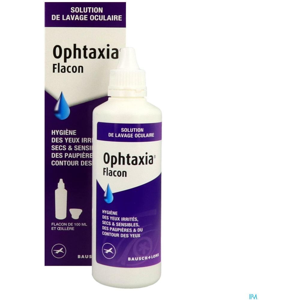 Flacon et emballage. Ophthaxia Flacon. Design violet et blanc. Logo Bausch+Lomb. Symbole flacon et gobelet.
