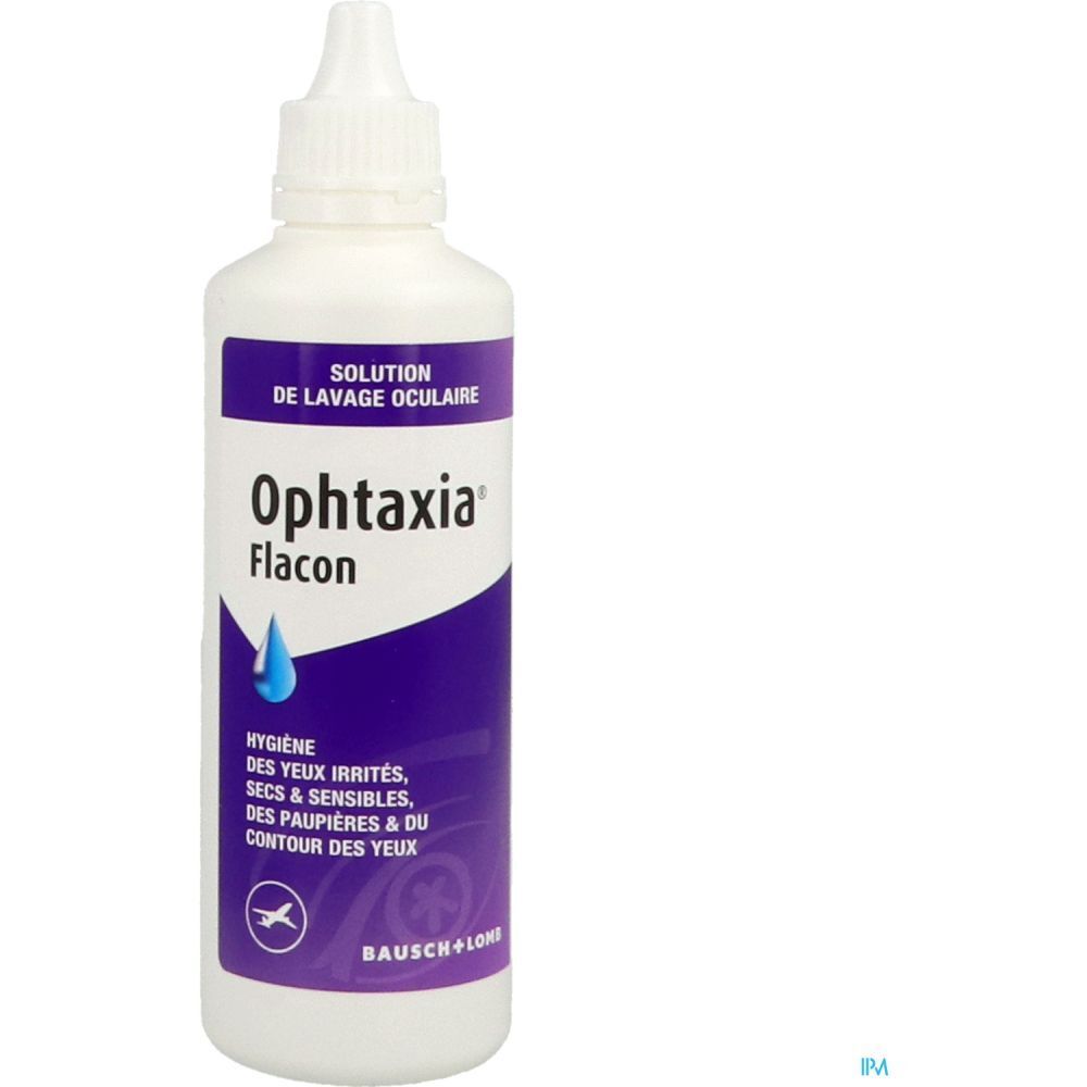 Flacon blanc avec étiquette Ophthaxia. Design violet et blanc. Bouchon compte-gouttes. Logo Bausch+Lomb.