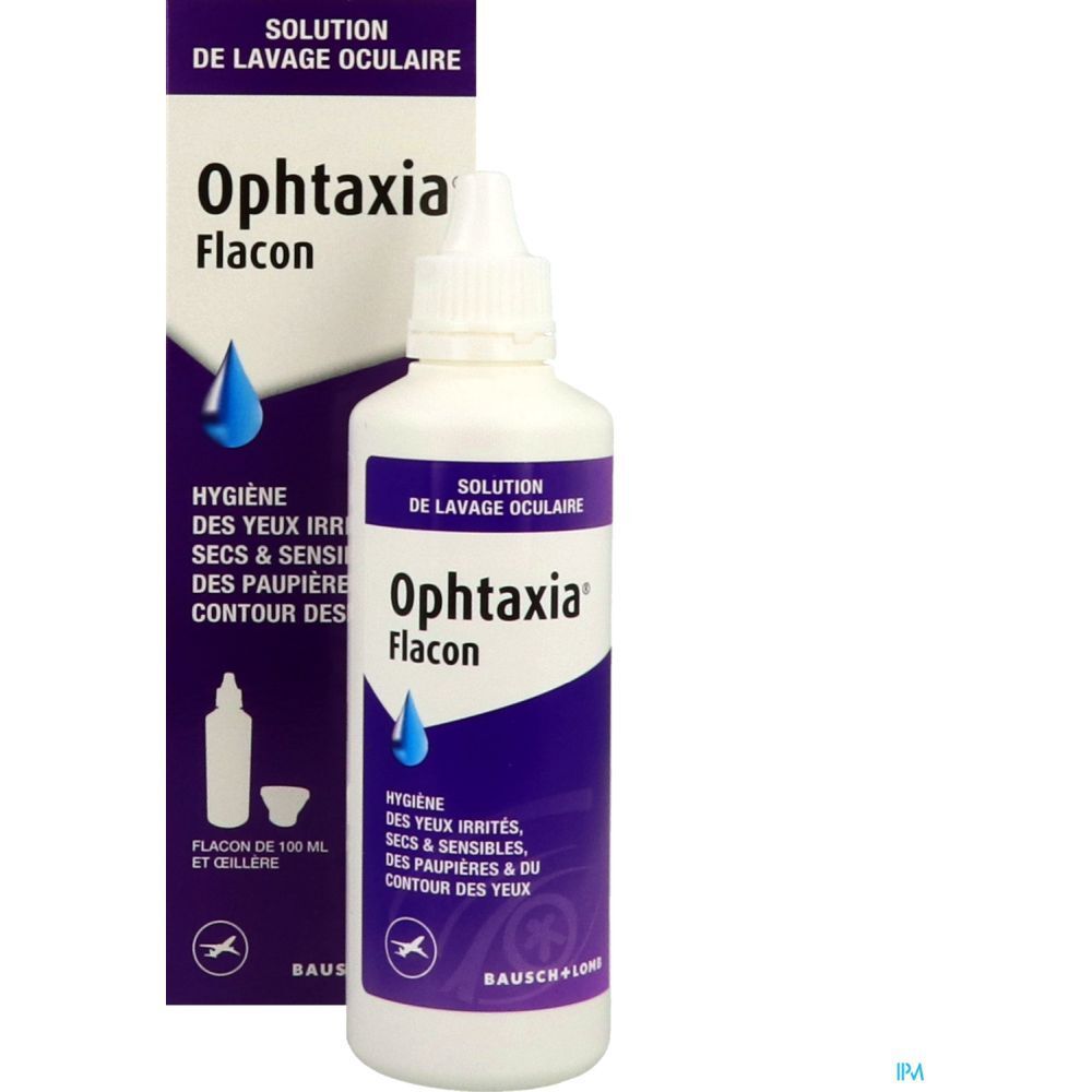 Flacon et emballage. Ophthaxia Flacon. Design violet et blanc. Logo Bausch+Lomb. Symbole flacon et gobelet.