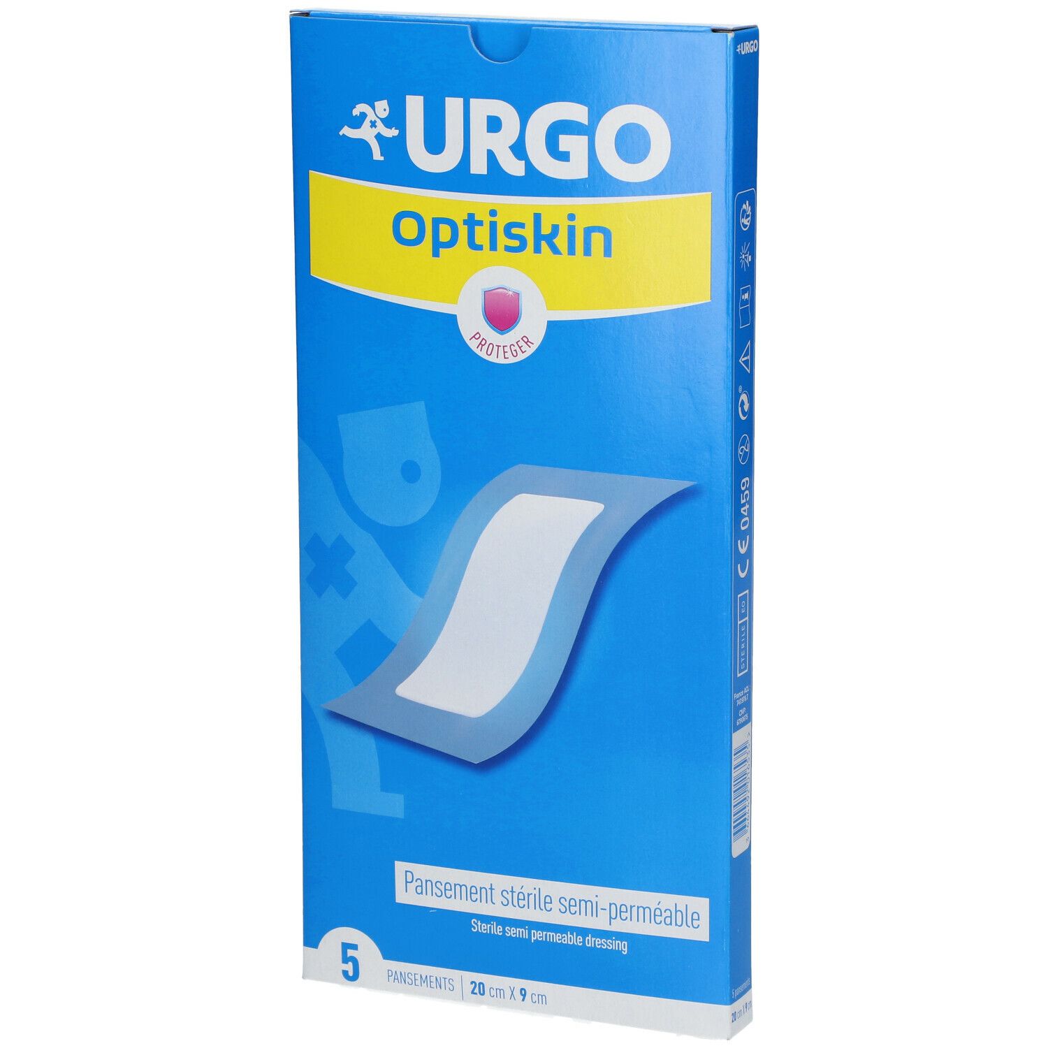 Blauwe en gele verpakking met URGO Optiskin. Toont een pleister en de tekst "5 PANSEMENTS 20 cm x 9 cm".