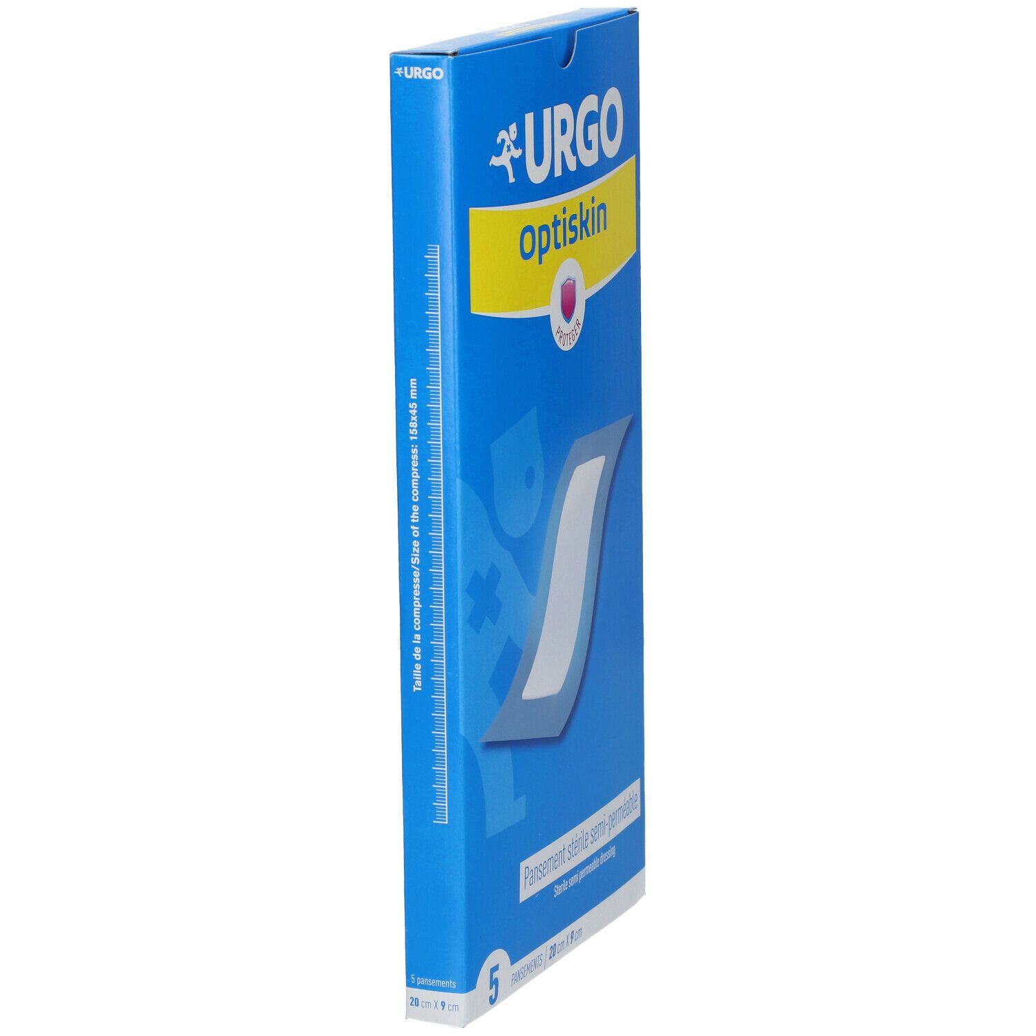 Smalle blauwe verpakking met URGO Optiskin. Toont een pleister en tekst. Opschrift: "5 PANSEMENTS 20 cm x 9 cm".