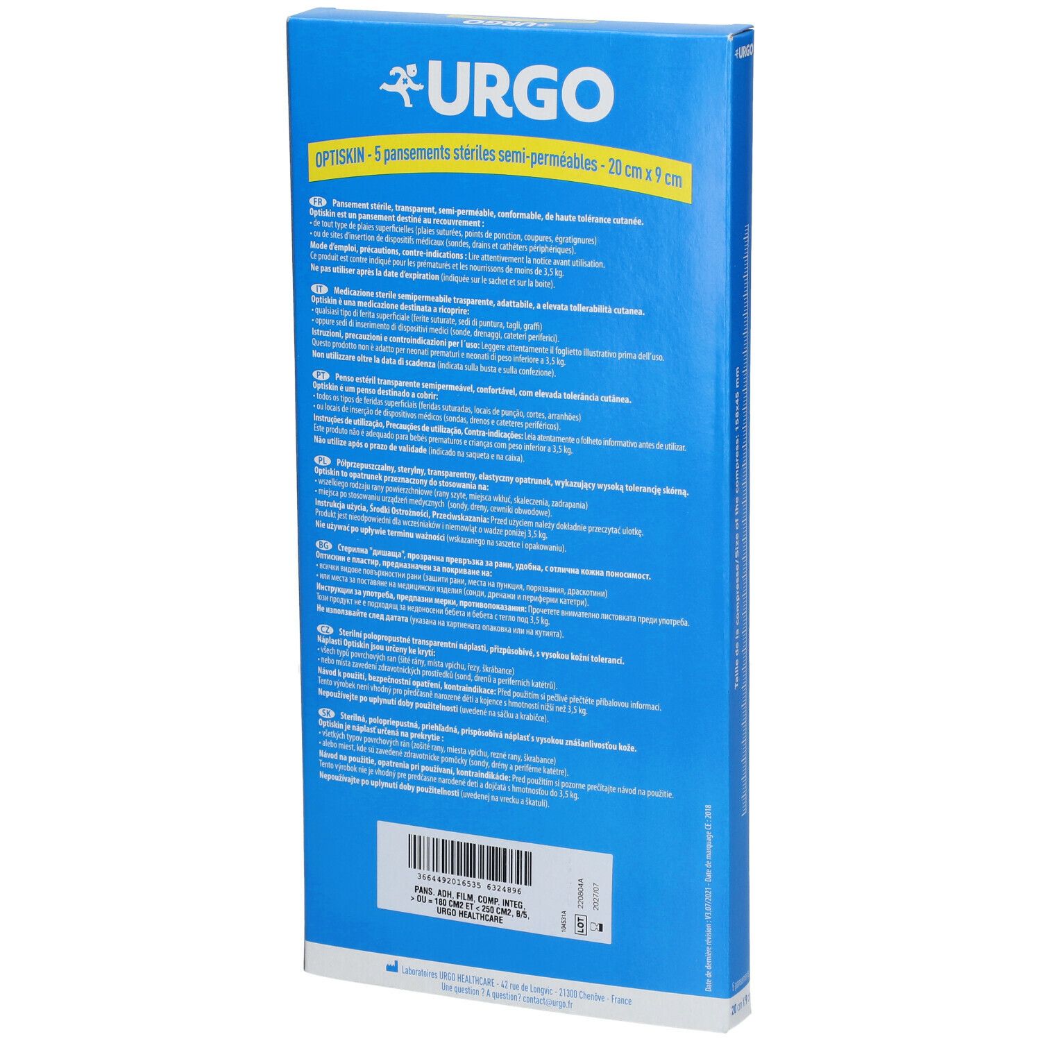 Achterkant van de blauwe verpakking met tekst. Bevat informatie over URGO Optiskin. Toont tekst in meerdere talen.