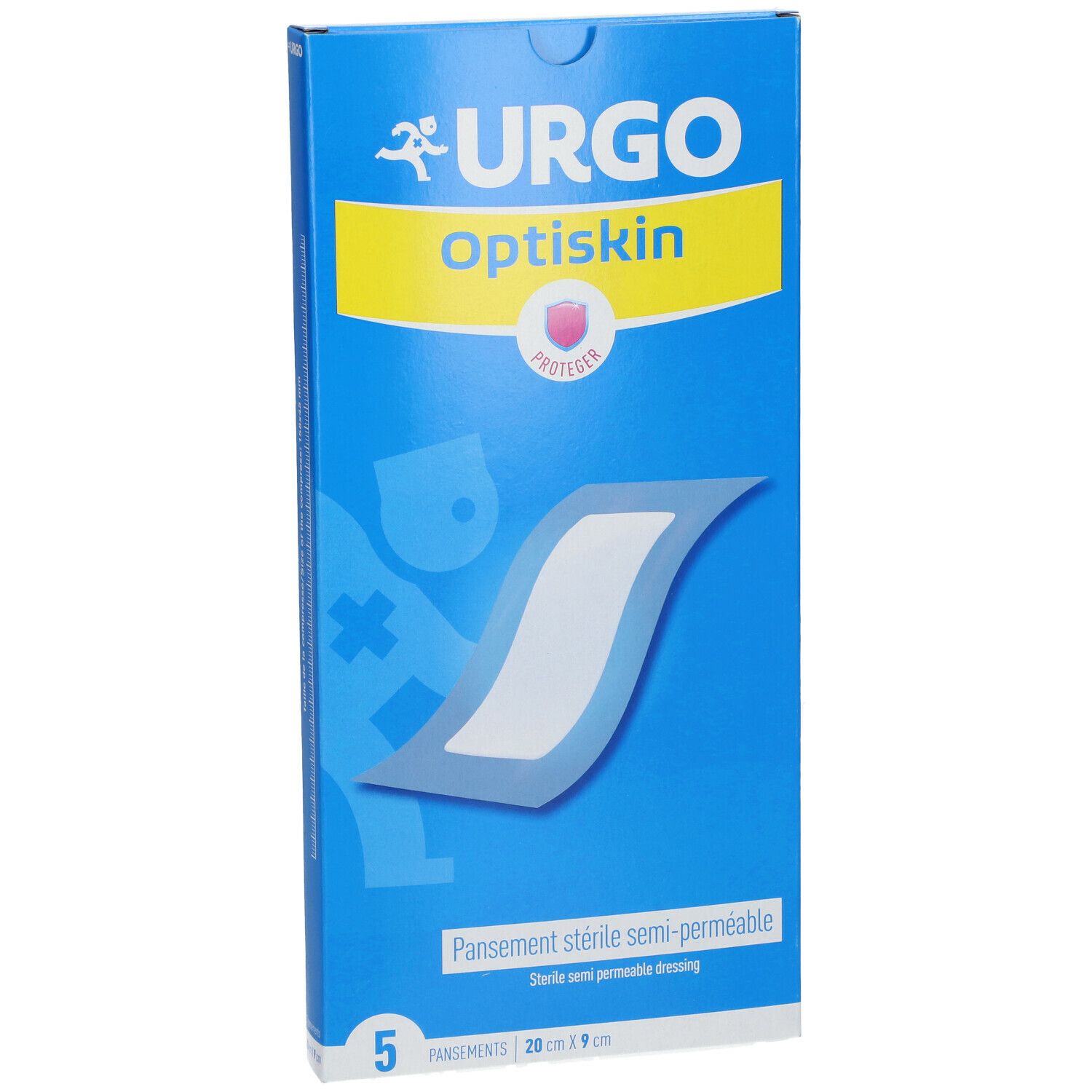 Blauwe verpakking met URGO Optiskin. Toont een pleister en de tekst "5 PANSEMENTS 20 cm x 9 cm".
