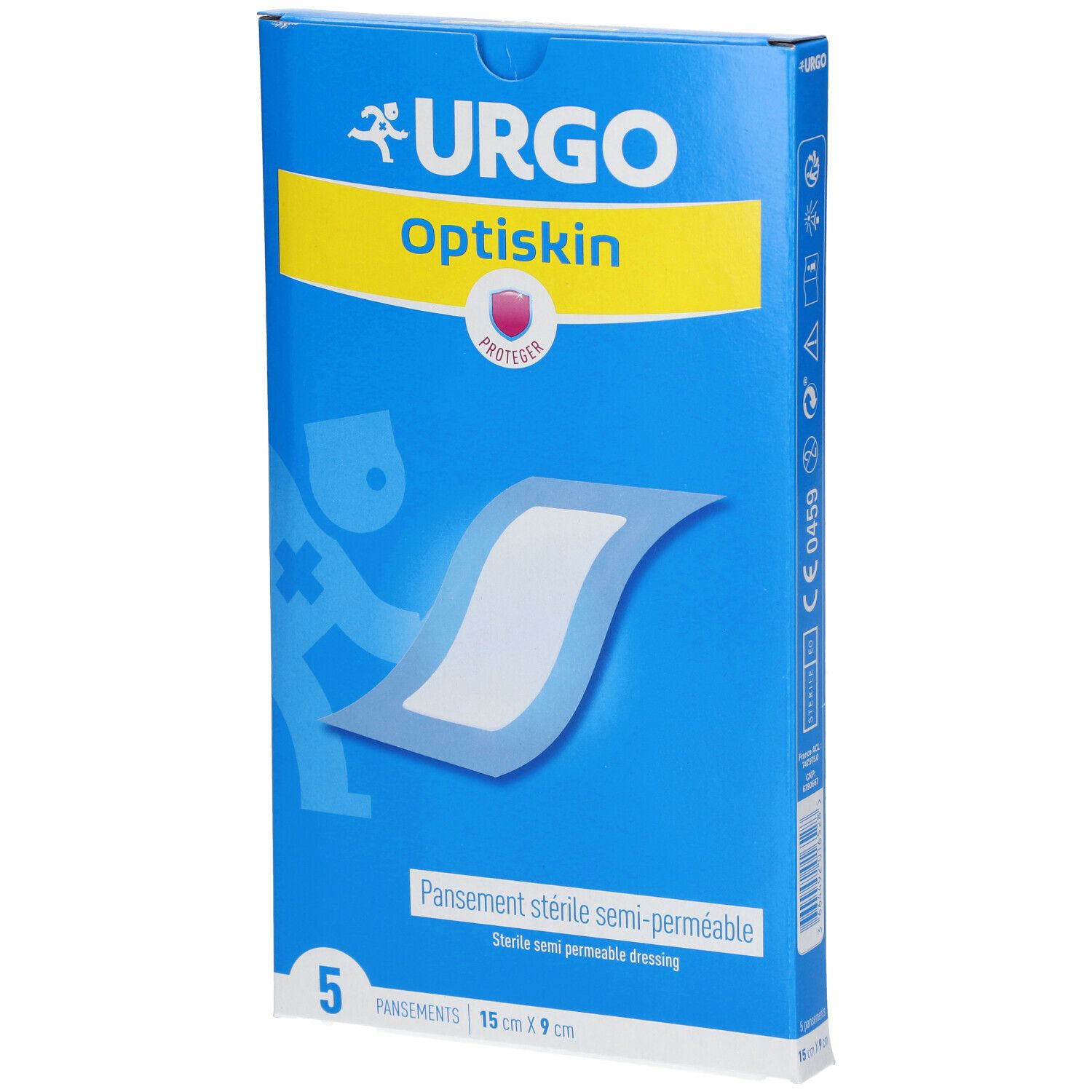 Boîte bleue Urgo Optiskin. Affiche un pansement et le texte : 5 pansements, 15 cm x 9 cm. Marquage CE.