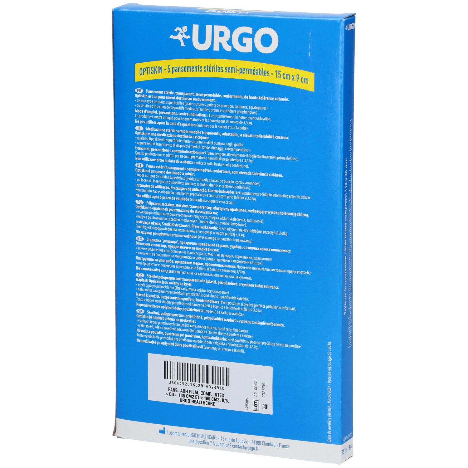 Dos de la boîte bleue Urgo Optiskin. Texte multilingue. Code-barres et informations du fabricant.