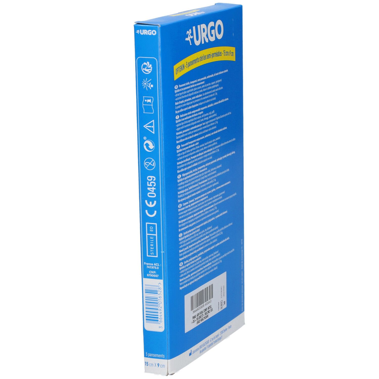 Vue latérale de la boîte bleue Urgo Optiskin. Texte et marquage CE. Code-barres.