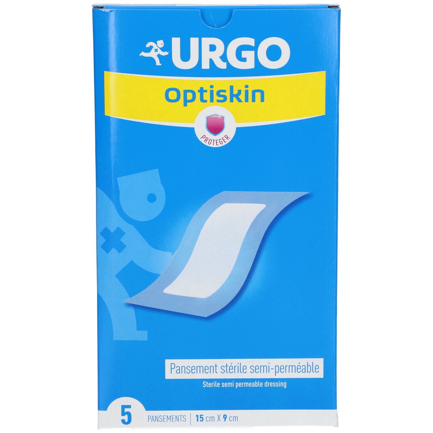 Boîte bleue Urgo Optiskin. Affiche un pansement et le texte : 5 pansements, 15 cm x 9 cm. Marquage CE.