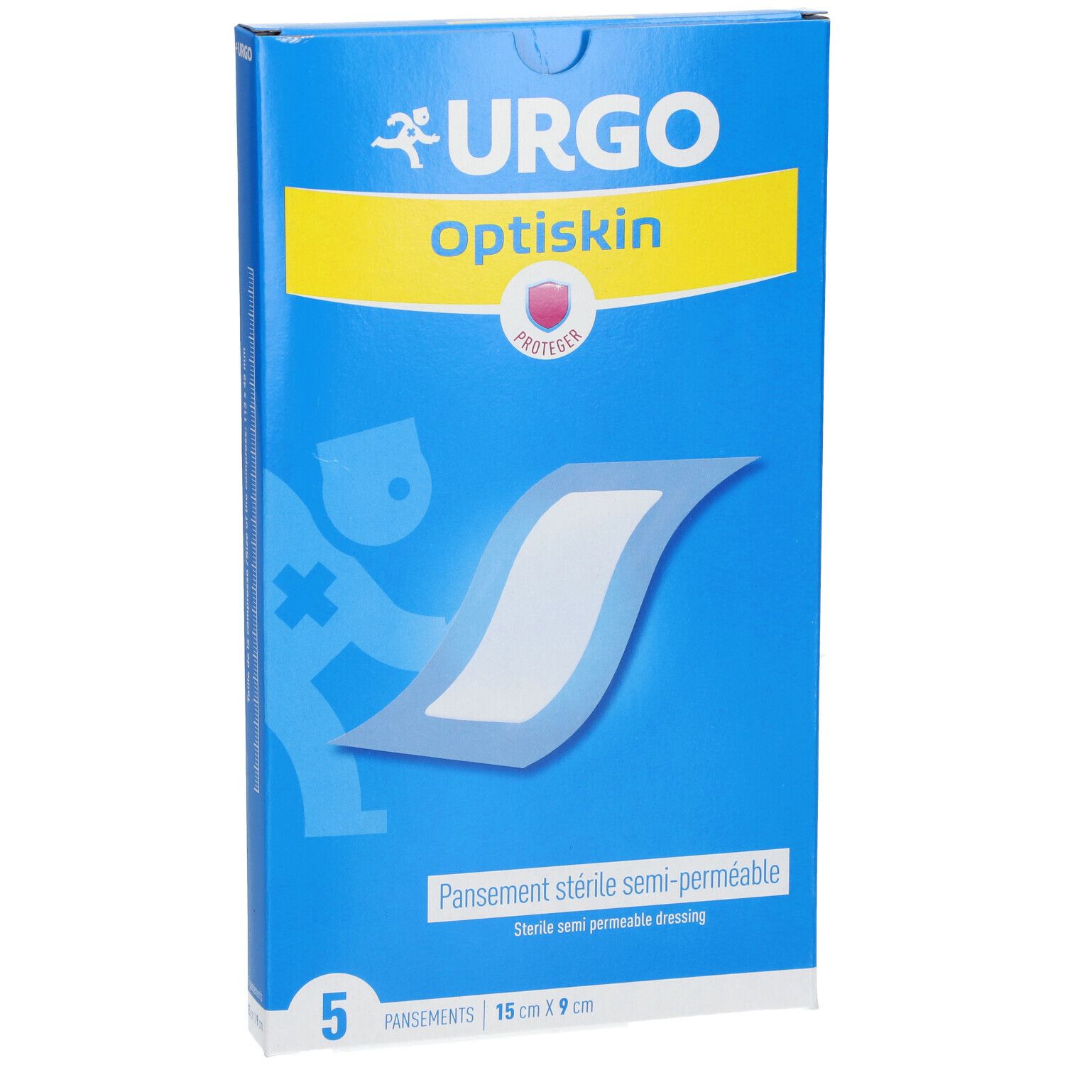Boîte bleue Urgo Optiskin. Affiche un pansement et le texte : 5 pansements, 15 cm x 9 cm. Marquage CE.