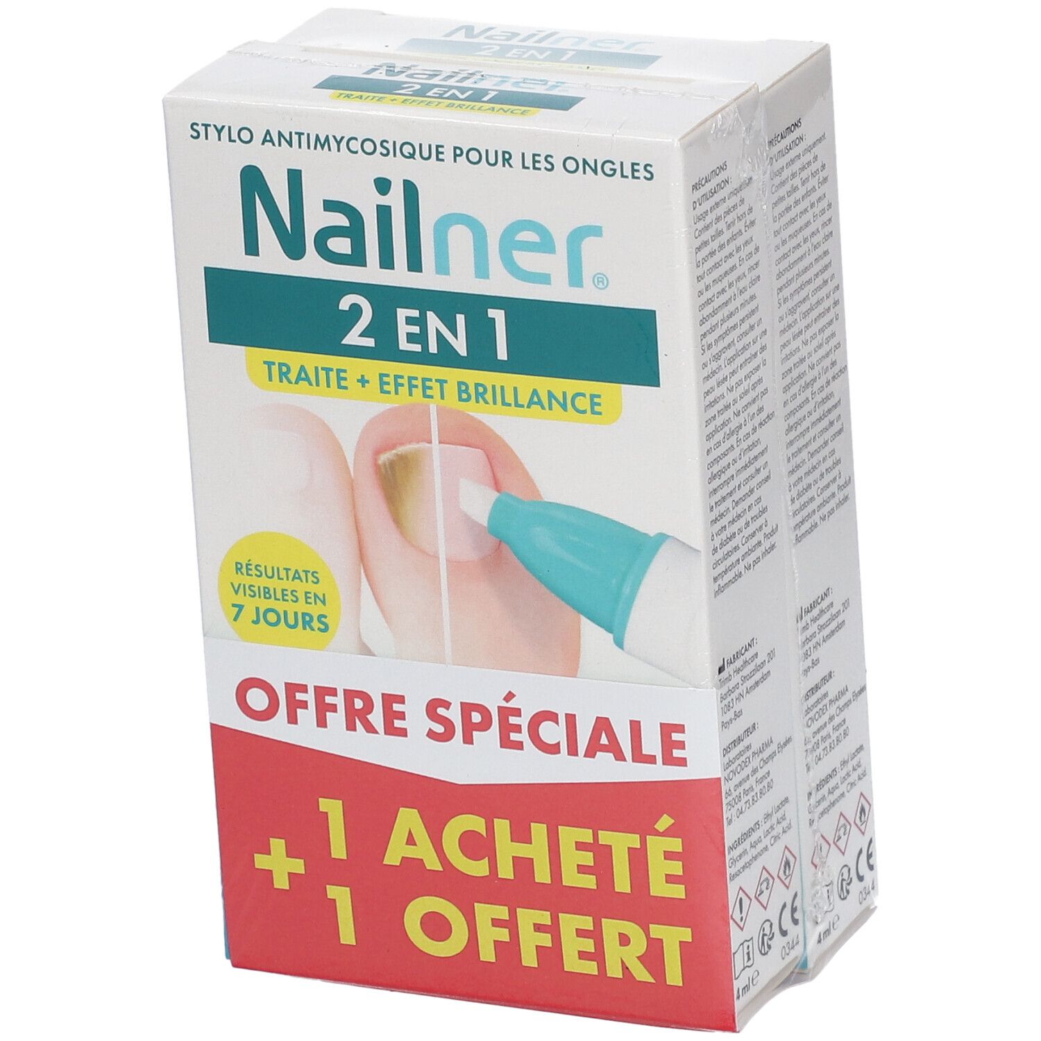 Boîte de produit. Inscription: Nailner 2 en 1, stylo antimycosique pour les ongles. Offre spéciale: 1 acheté, 1 offert.
