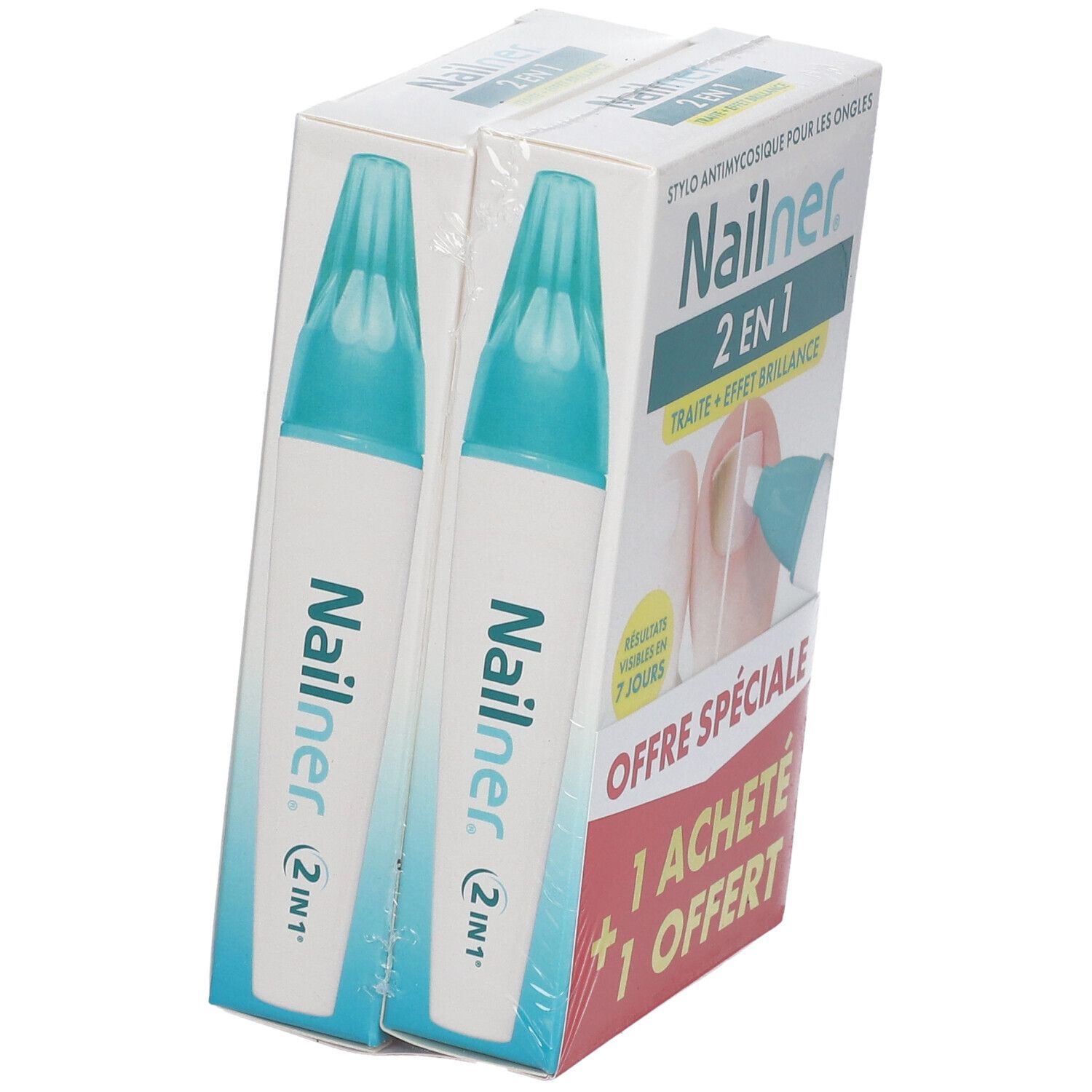 Deux produits emballés. Inscription: Nailner 2 en 1. Applicateurs bleus visibles. Offre spéciale: 1+1 gratuit.