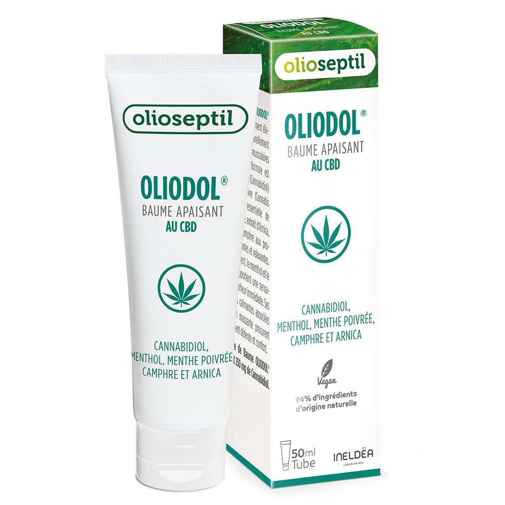 Tube et boîte Olioseptil OlioDol Baume CBD. Tube blanc, boîte verte. Contient cannabidiol, menthol, menthe poivrée.