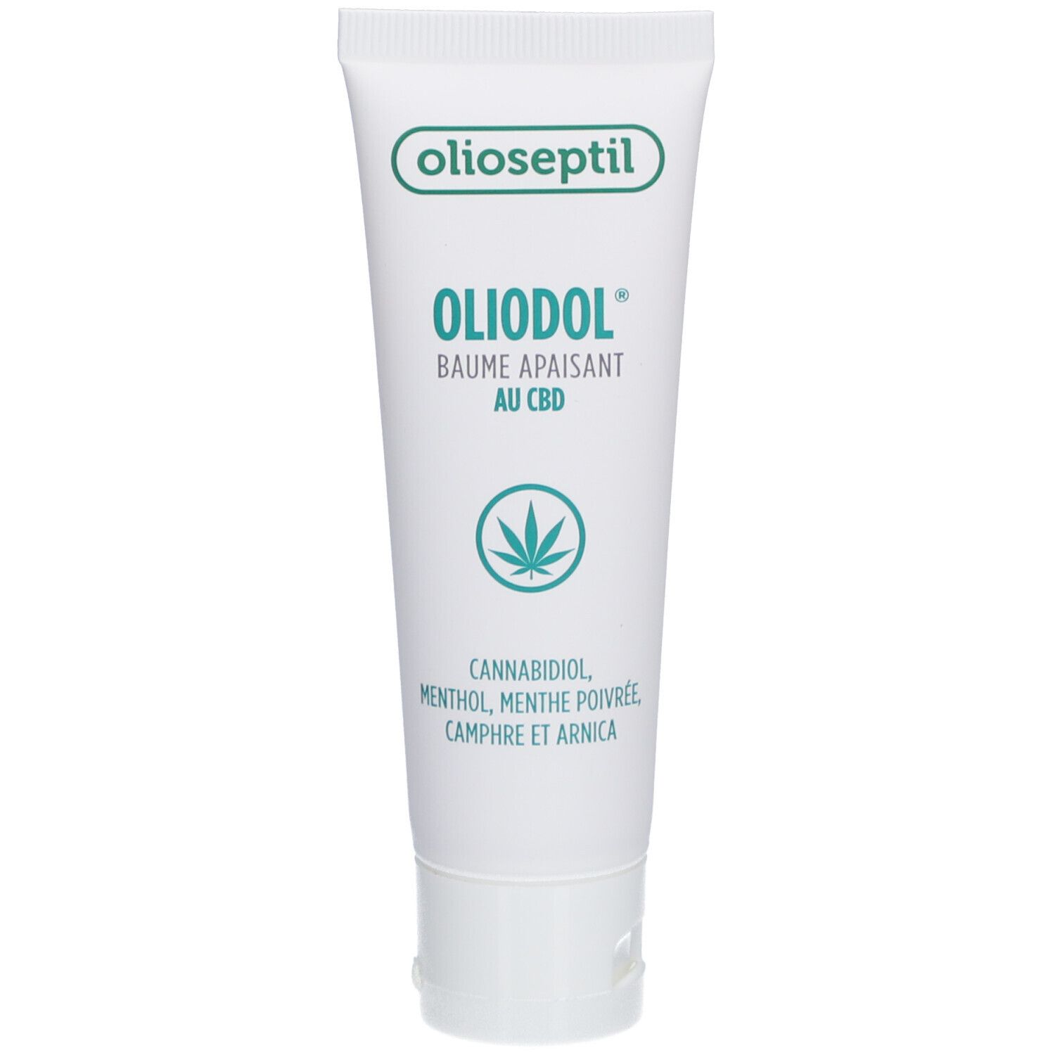 Tube Olioseptil OlioDol Baume CBD. Witte tube met groene opdruk. Bevat cannabidiol, menthol, pepermunt.