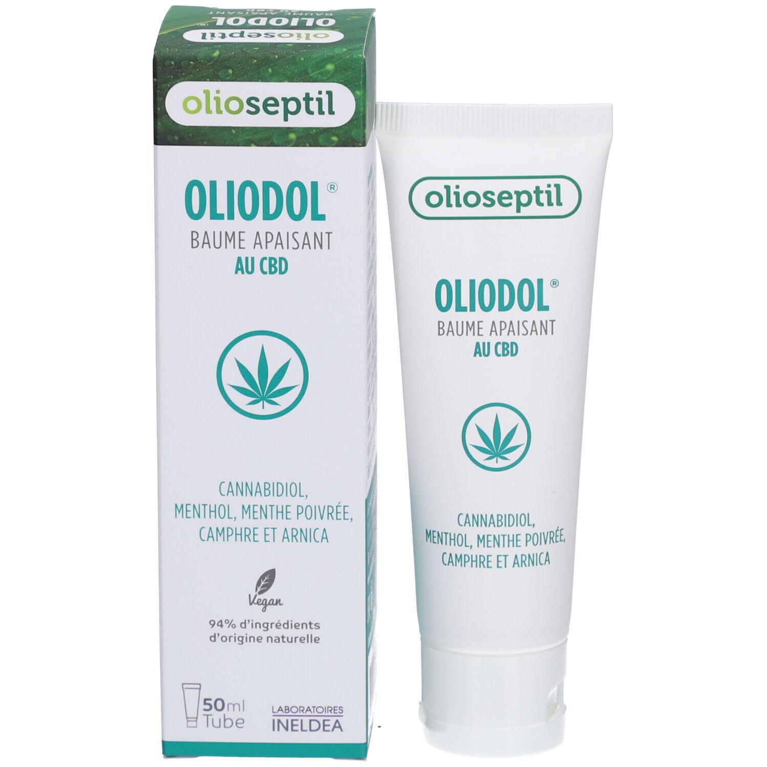 Tube en doos Olioseptil OlioDol Baume CBD. Tube en doos met groene opdruk. Veganistisch logo.