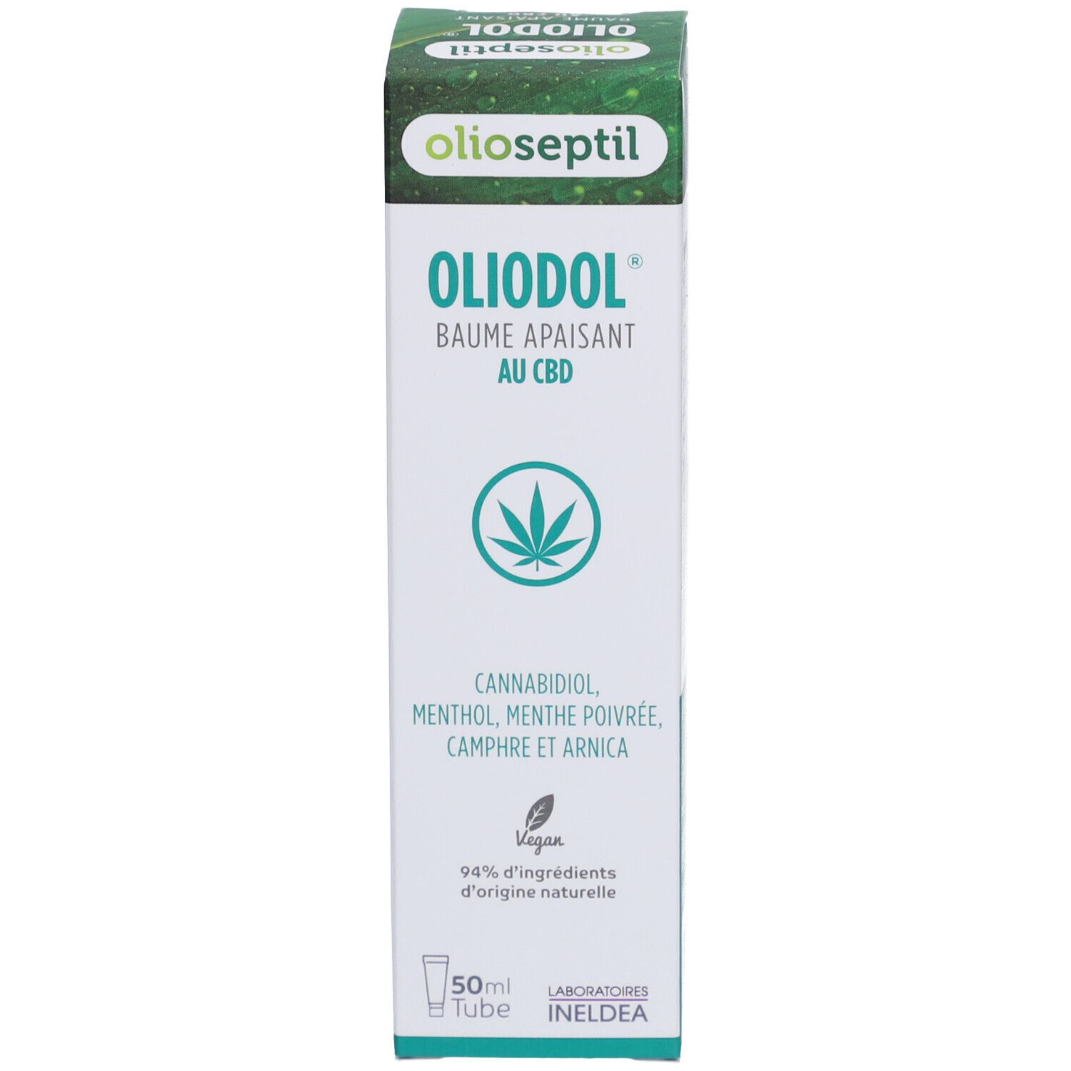 Doos Olioseptil OlioDol Baume CBD. Groene doos met witte tekst. Bevat cannabidiol, menthol, pepermunt.