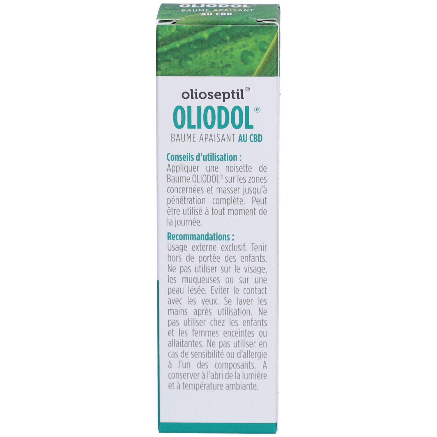 Doos Olioseptil OlioDol Baume CBD. Tekst op de doos. Bevat ingrediënten en fabrikantinformatie.