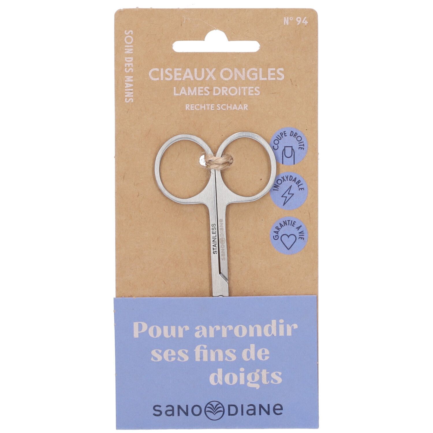 Ciseaux à ongles à lames droites sur carton. Texte : "Ciseaux Ongles Lames droites".