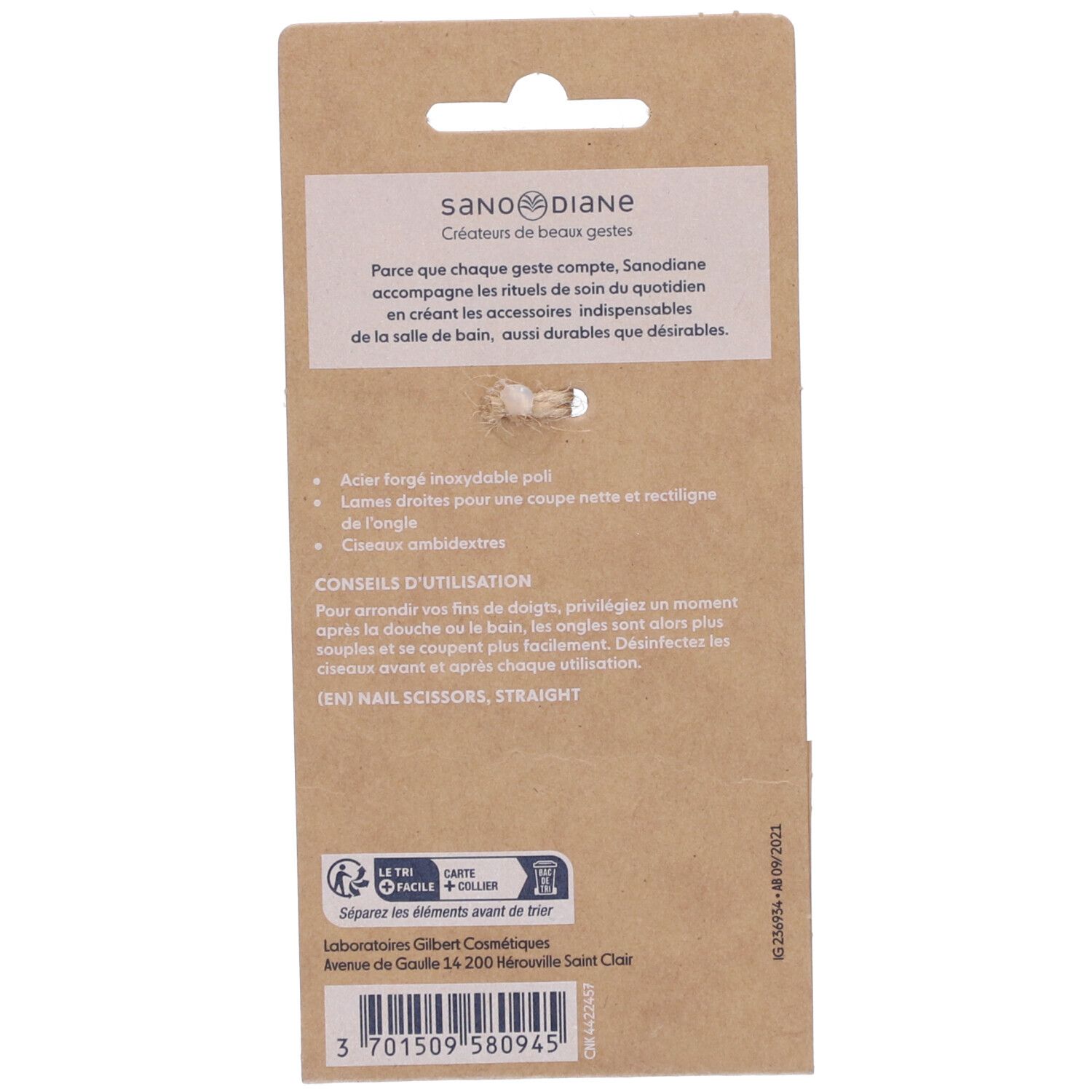 Dos de l'emballage des ciseaux à ongles. Texte : "SANODIANE". Description du produit et conseils d'utilisation.