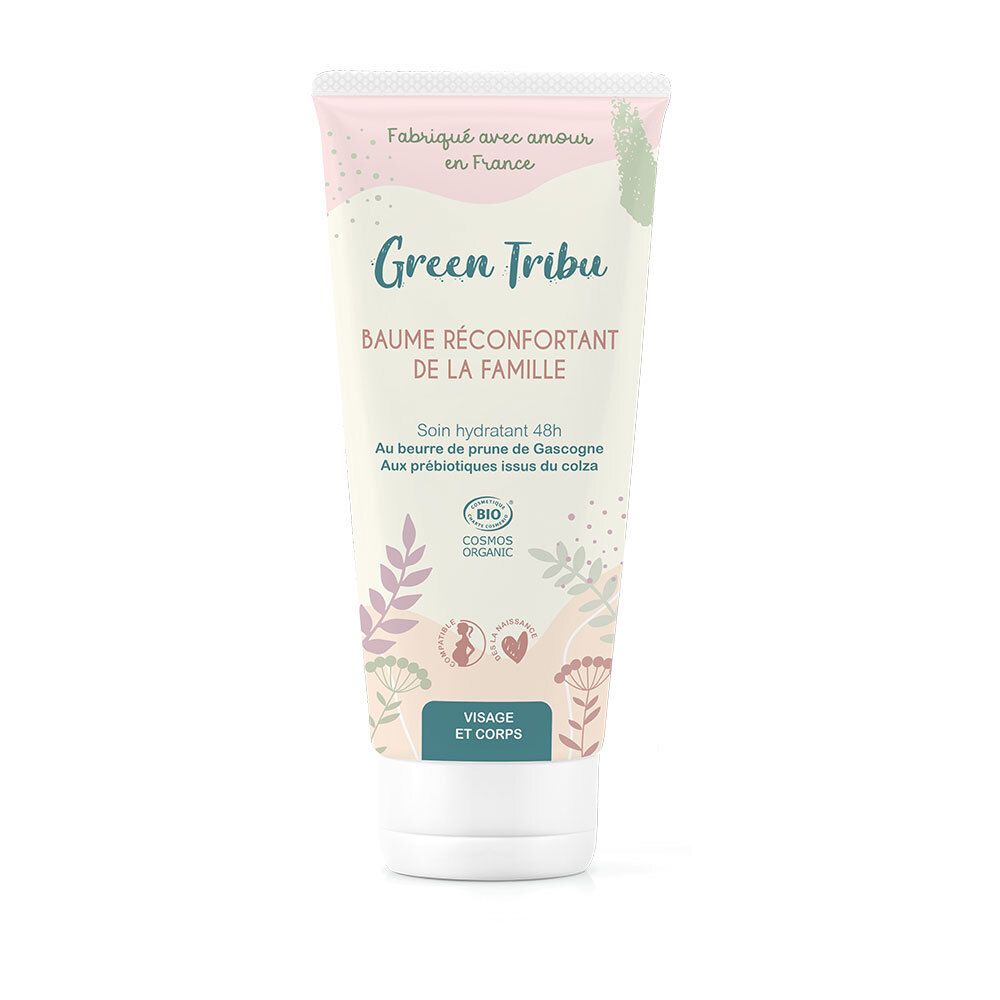 Tube de crème avec motifs floraux. Texte: Green Tribu, Baume Réconfortant de la Famille, Visage et Corps. Certification Bio.