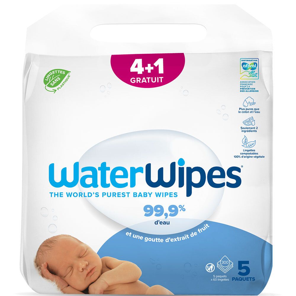 Verpakking babydoekjes. Opschrift "WaterWipes" en "99,9% d'eau". Bevat 5 pakjes van 60 doekjes. "4+1 gratis" op roze achtergrond.