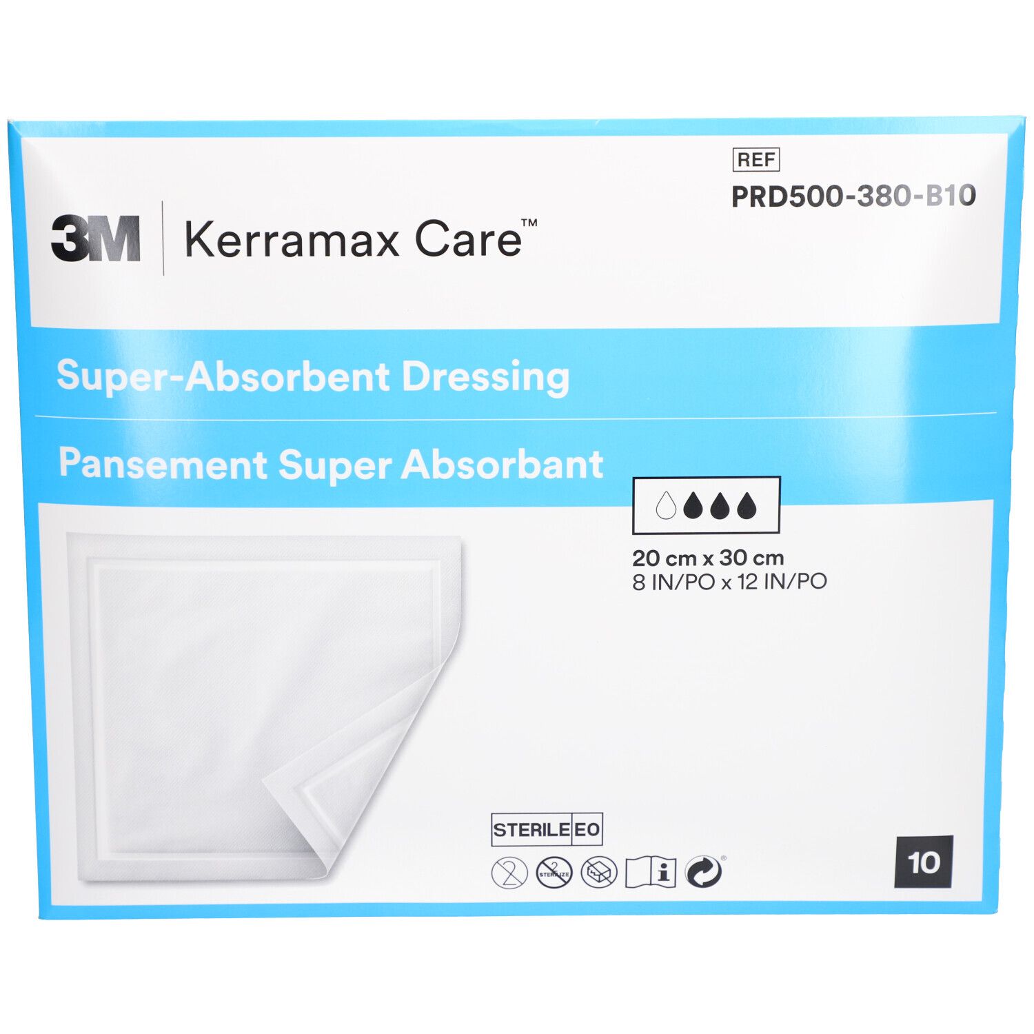 Verpakking van 3M™ Kerramax Care™ superabsorberend verband. Afmeting: 20 x 30 cm. Steriel.