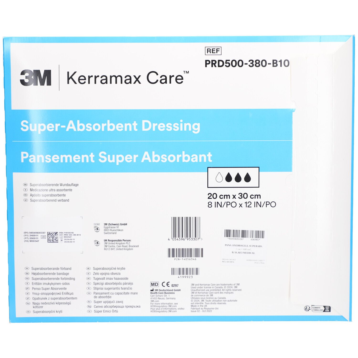 Achterkant van de verpakking van 3M™ Kerramax Care™ superabsorberend verband. Afmeting: 20 x 30 cm. Steriel.