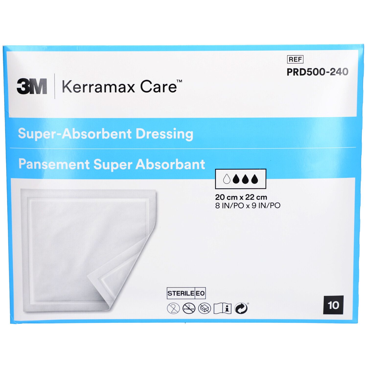 3M Kerramax Care superabsorberend verband. Verpakking met verband, 20 x 22 cm. Steriel. 10 stuks. Productinformatie.