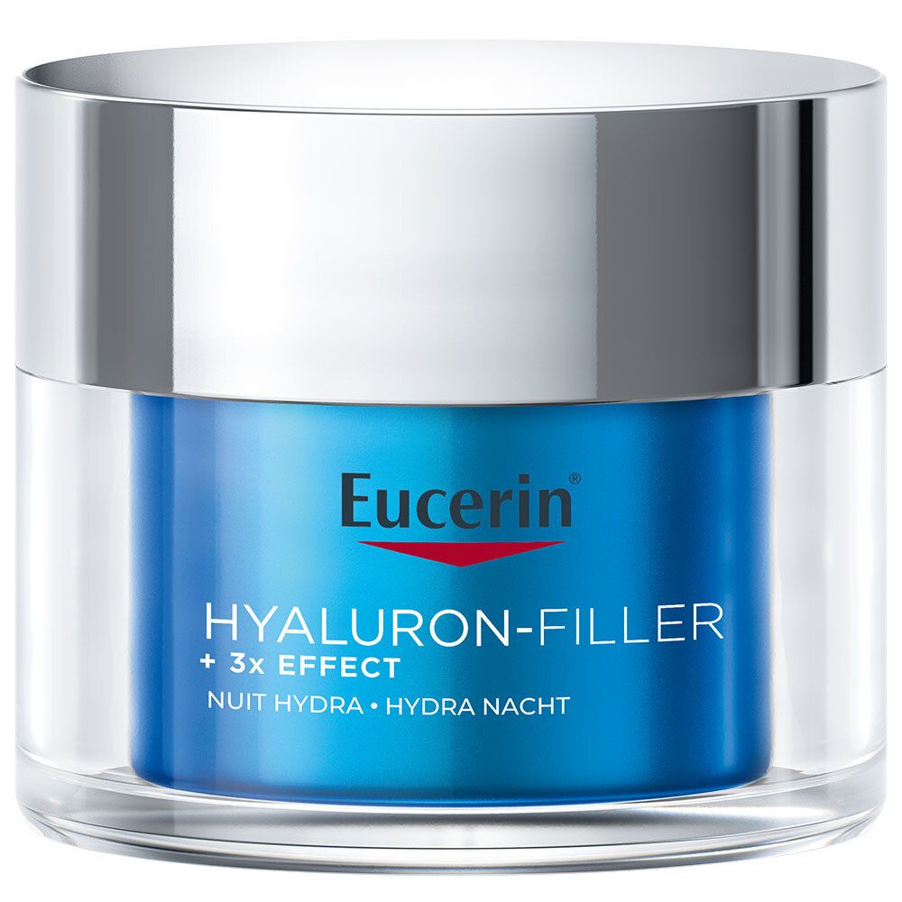 Pot bleu avec couvercle argenté. Inscription : Eucerin, HYALURON-FILLER + 3x EFFECT, NUIT HYDRA.