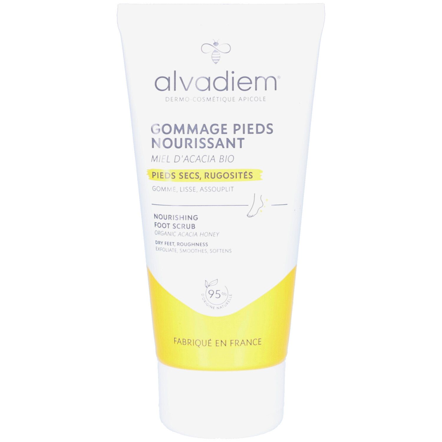 Tube blanc et jaune. Inscription: Gommage Pieds Nourrissant, Miel d'Acacia Bio. Symbole de pied. 95% naturel.