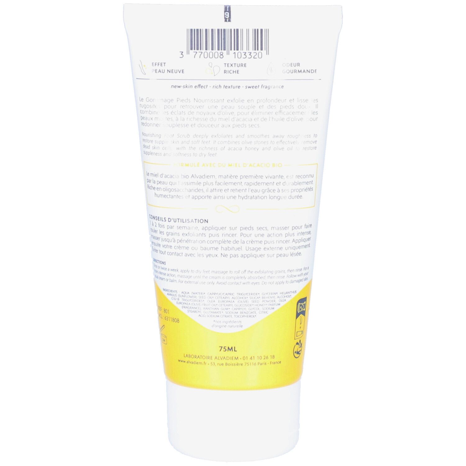Dos du tube. Texte multilingue. Bande jaune. 75ml. Informations d'utilisation.