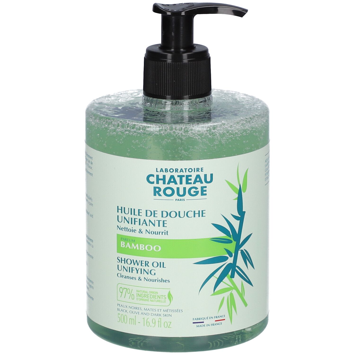 Doucheolie met bamboe-extract in een transparante fles met pompdosering. 500 ml.