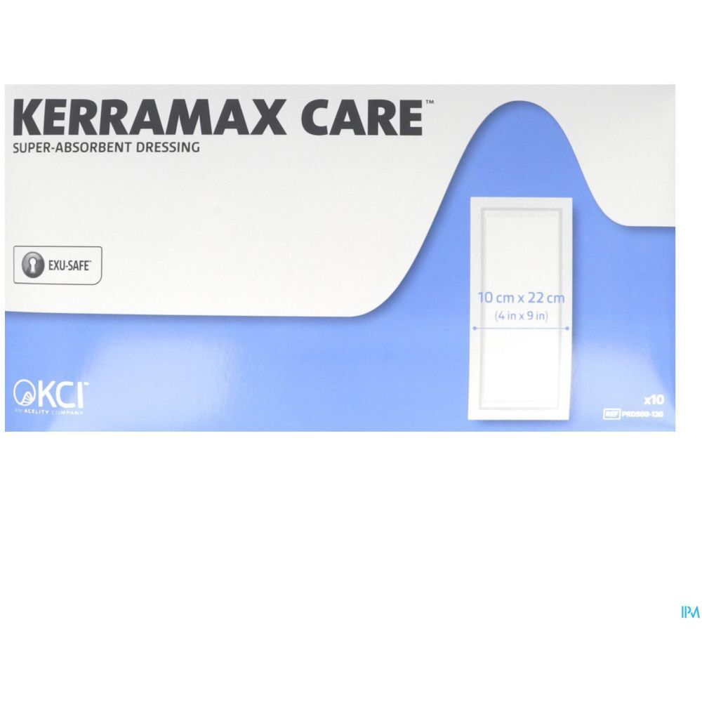 Emballage de pansements Kerramax Care. Dimensions : 10 x 22 cm, 10 pièces. Logo et nom du produit visibles.
