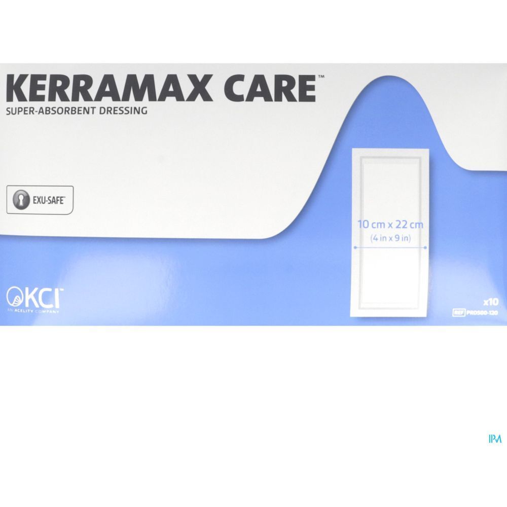 Emballage de pansements Kerramax Care. Dimensions : 10 x 22 cm, 10 pièces. Logo et nom du produit visibles.