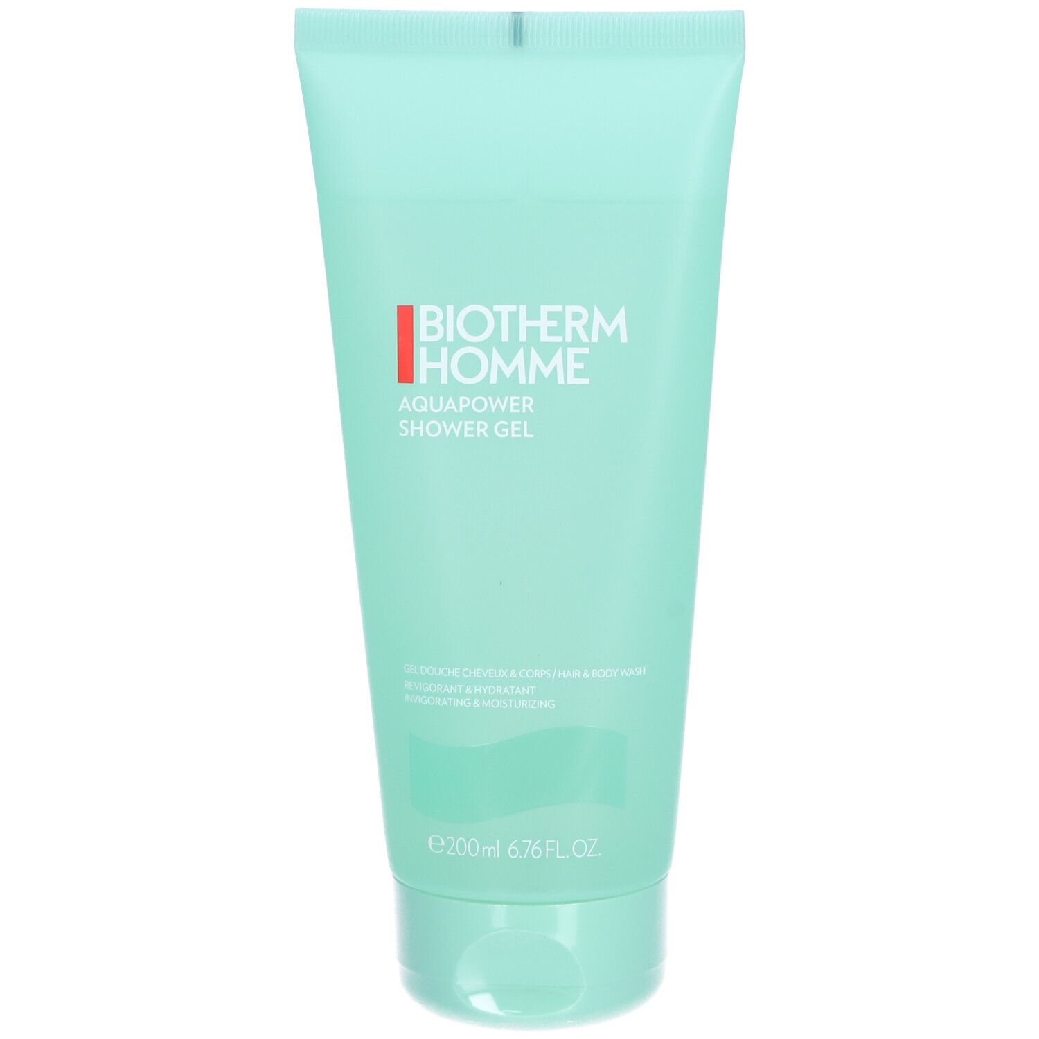 Turquoise tube met witte en rode tekst Biotherm Homme Aquapower Shower Gel. Onderaan staat "e 200ml 6.76 FL. OZ."