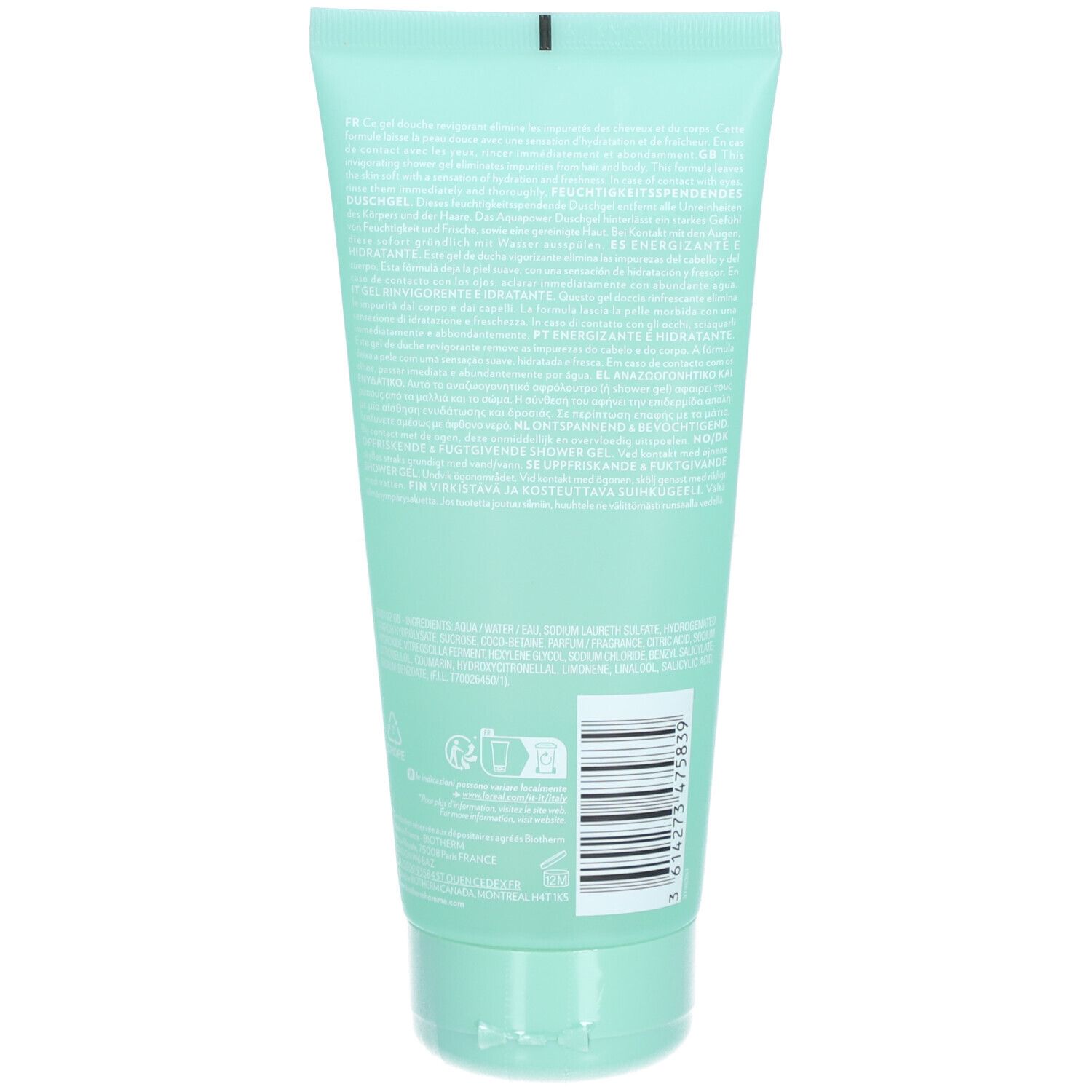 Achterkant van een turquoise tube met witte tekst en barcode. De tekst is in meerdere talen geschreven.